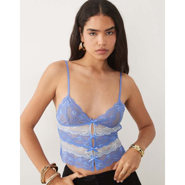 I.AM.GIA Crema lace contrast panel open tie back cami top in blue