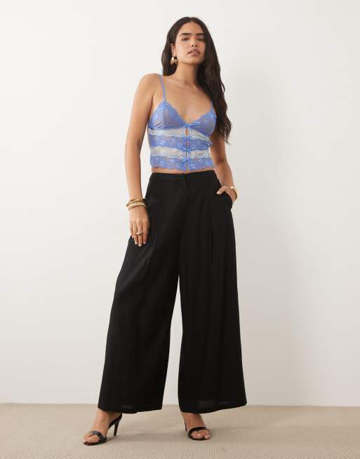 I.AM.GIA Crema lace contrast panel open tie back cami top in blue, 4 of 4