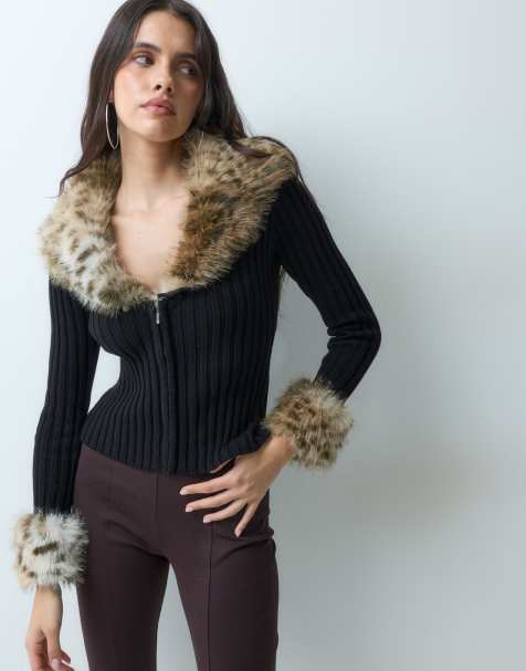 I.AM.GIA Cressida 2.0 cardigan med lynlås og leopardkant i imiteret pels i sort - view 1