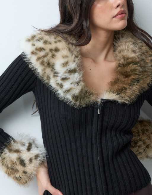 I.AM.GIA Cressida 2.0 cardigan med lynlås og leopardkant i imiteret pels i sort, 2 af 5