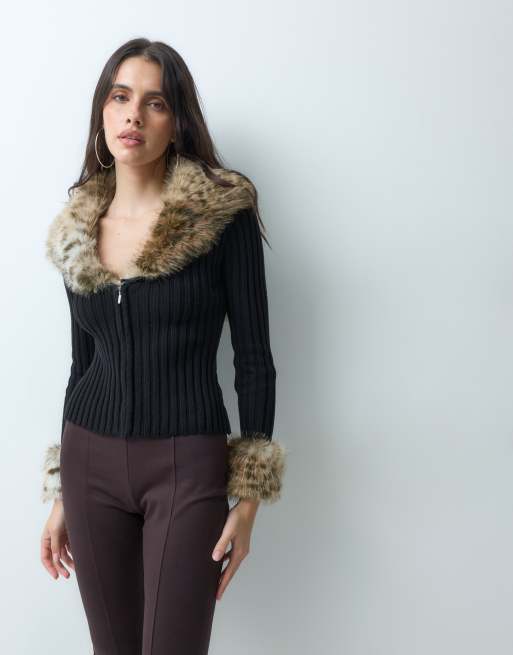 I.AM.GIA Cressida 2.0 cardigan med lynlås og leopardkant i imiteret pels i sort, 4 af 5