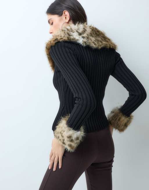 I.AM.GIA Cressida 2.0 cardigan med lynlås og leopardkant i imiteret pels i sort, 5 af 5
