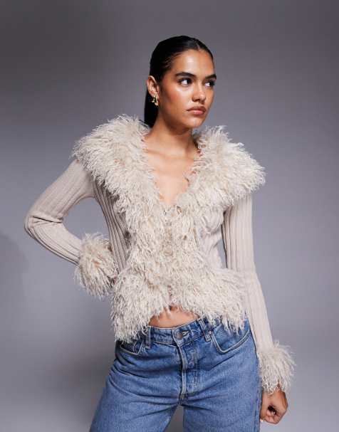 I.AM.GIA Cressida compact knit shaggy faux fur trim zip through cardigan in beige