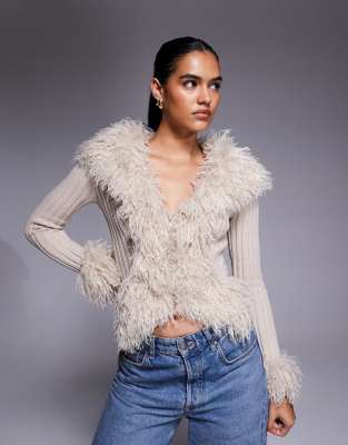 I.AM.GIA I.AM.GIA Cressida compact knit shaggy faux fur trim zip through cardigan in beige-Neutral
