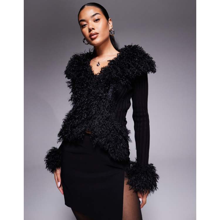 I.AM.GIA Cressida compact knit shaggy faux fur trim zip through