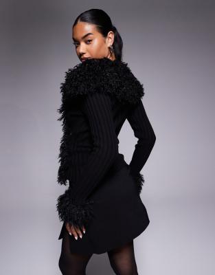 I.am.gia Cressida Compact Knit Shaggy Faux Fur Trim Zip Through Cardigan In Black