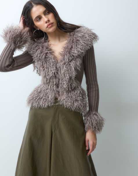 I.AM.GIA Cressida compact knit shaggy faux fur trim zip through cardigan in mushroom - view 1
