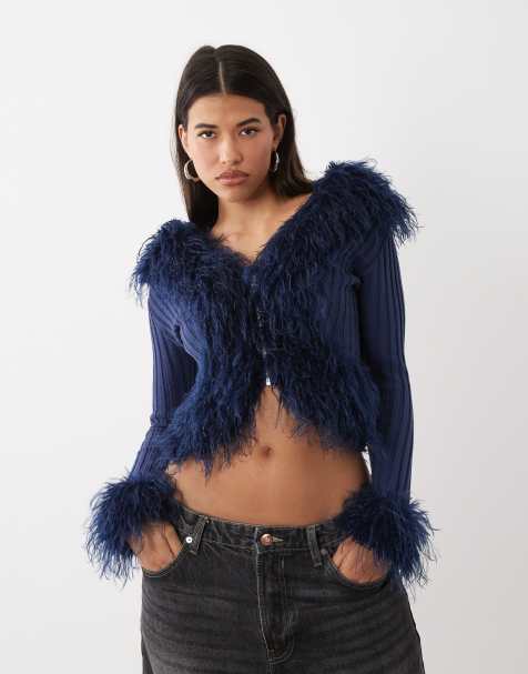 I.AM.GIA Cressida compact knit shaggy faux fur trim zip through cardigan in navy - view 1