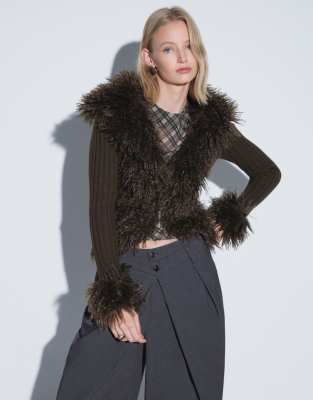 I.AM.GIA Cressida compact knit shaggy faux fur trim zip through cardigan in oliv