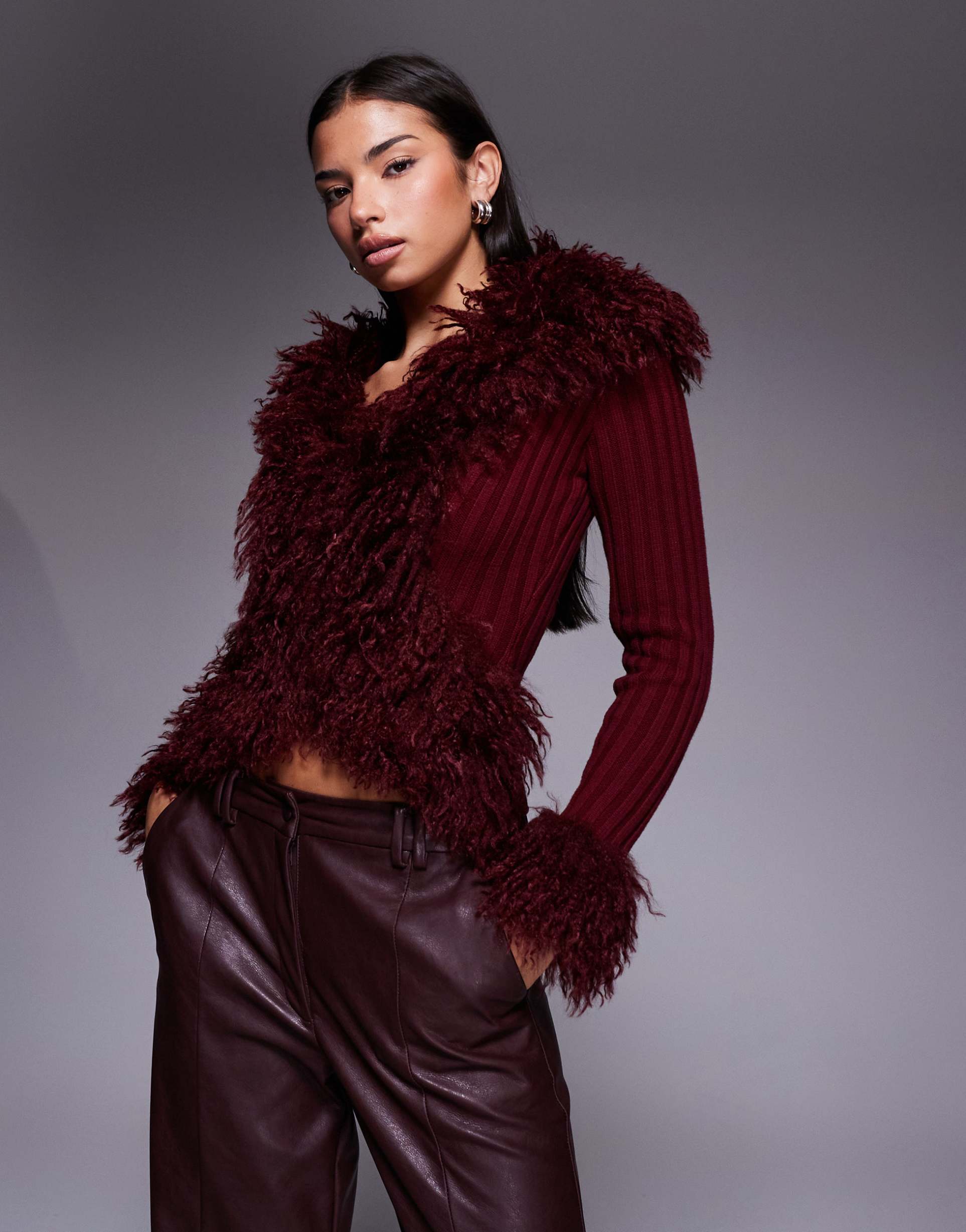 i.am.gia cressida compact knit shaggy faux fur trim zip up cardigan in burgundy