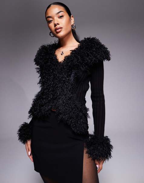 I.AM.GIA – Cressida – Kompakte Strickjacke in Schwarz mit Reißverschluss und zotteligem Kunstpelzbesatz - view 1