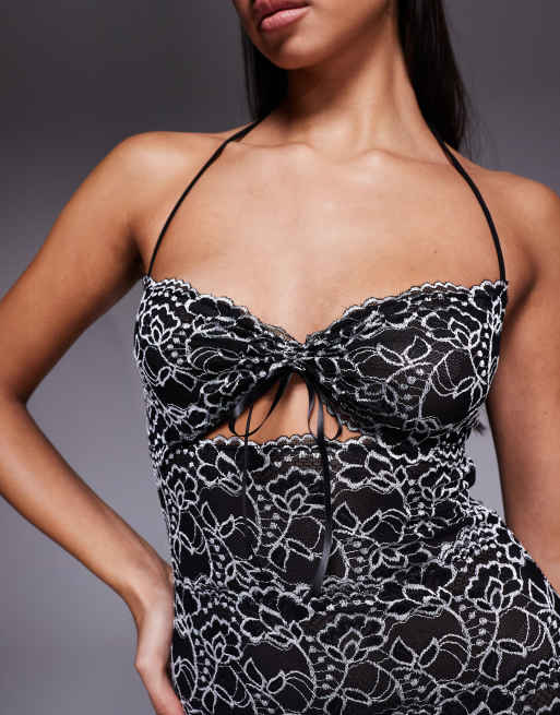 I.AM.GIA Crystal halterneck cut out tie front detail contrast lace mini dress in Black and White