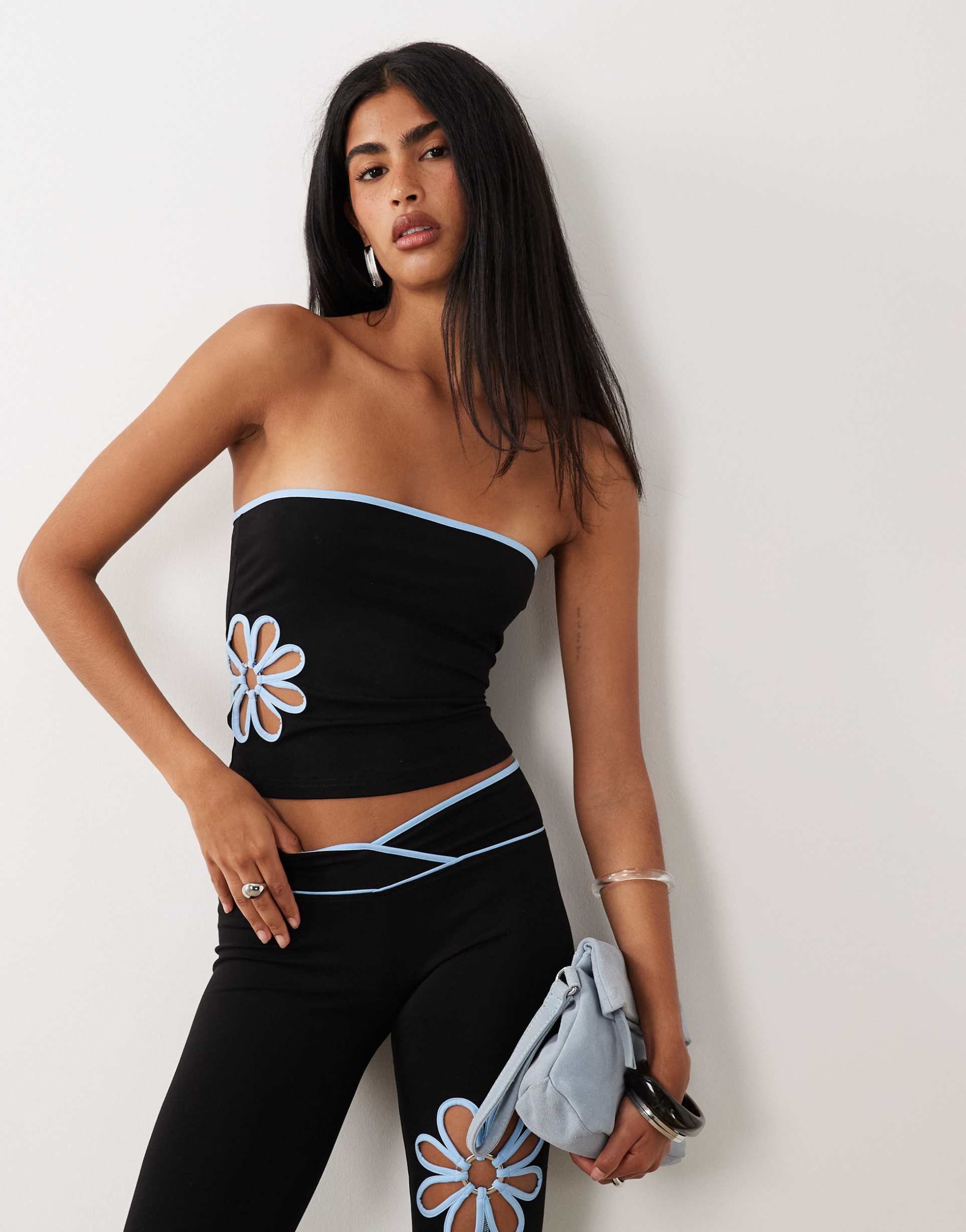 i.am.gia daisy cotton blend bandeau contrast floral cutout top in black and baby blue - part of a set