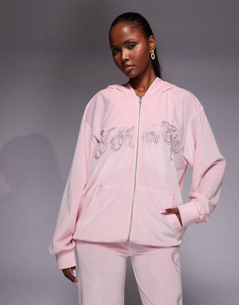 I.AM.GIA Daria velour diamante logo detail zip through hoodie in baby pink (part of a set) - view 1