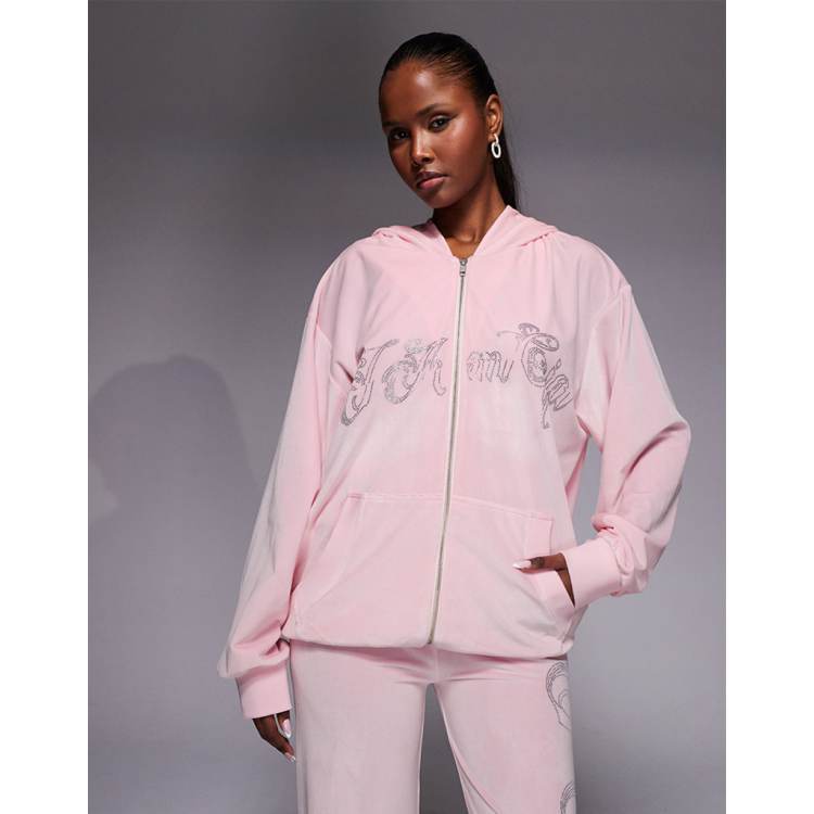 I.AM.GIA Daria velour rhinestone logo detailing zip up hoodie in