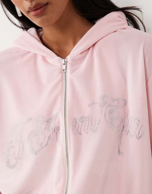 I.AM.GIA Daria velour rhinestone logo detailing zip up hoodie in