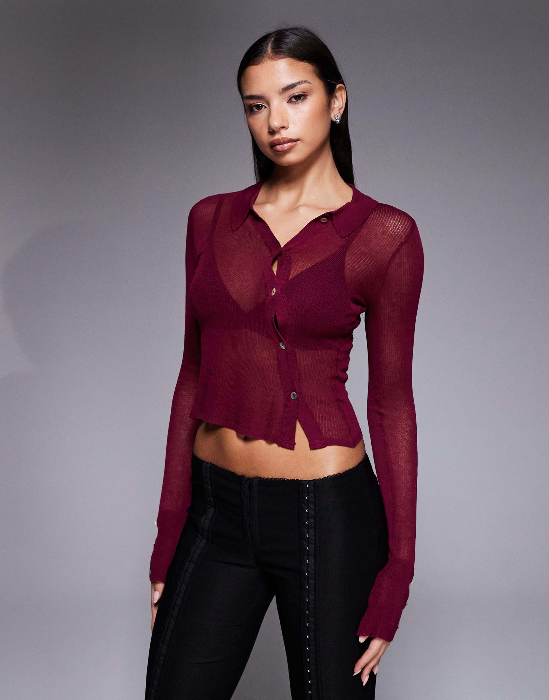 i.am.gia davina 90s fine ribbed knit asymmetric button detail fitted shirt in burgundy - part of a set