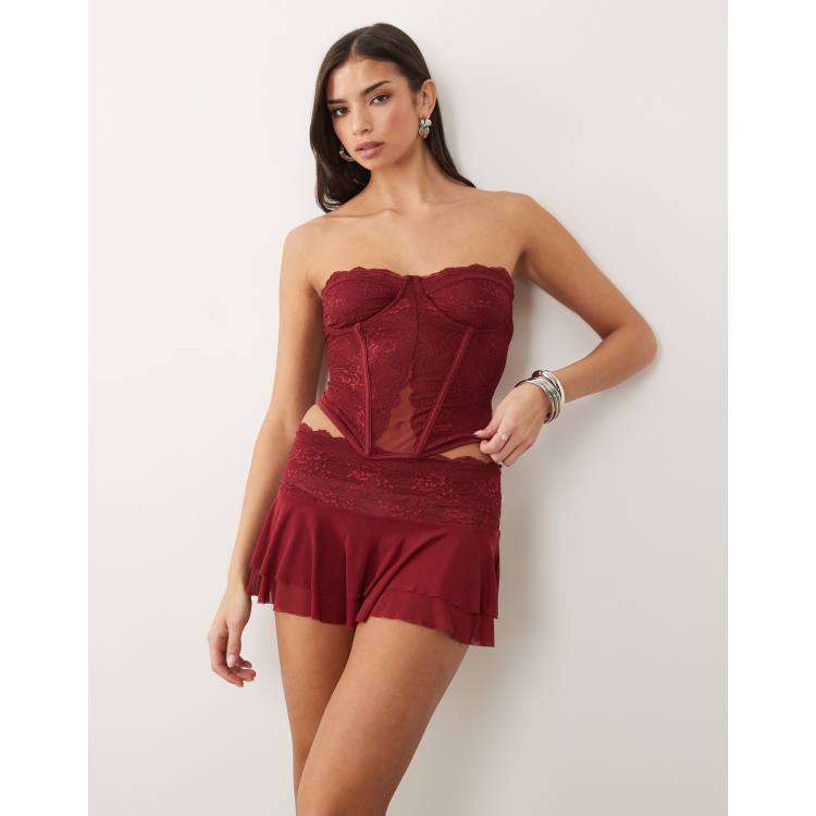 I.AM.GIA Demie bandeau structured lace corset top in burgundy - part of a  set | ASOS