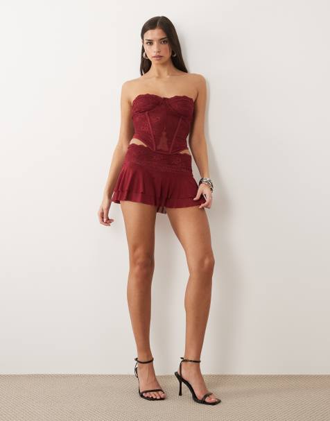 I.AM.GIA Demie lace waistband tiered chiffon mini skirt set in burgundy - view 1