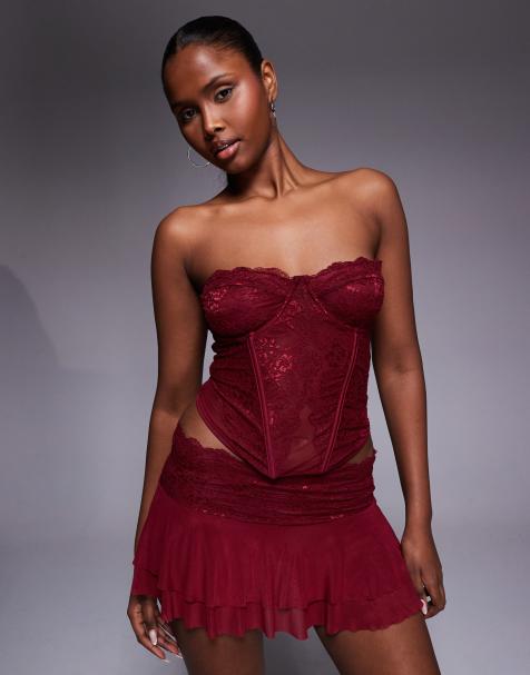 I.AM.GIA - Demie - Top corset d'ensemble structuré en dentelle avec encolure bandeau - Bordeaux - view 1