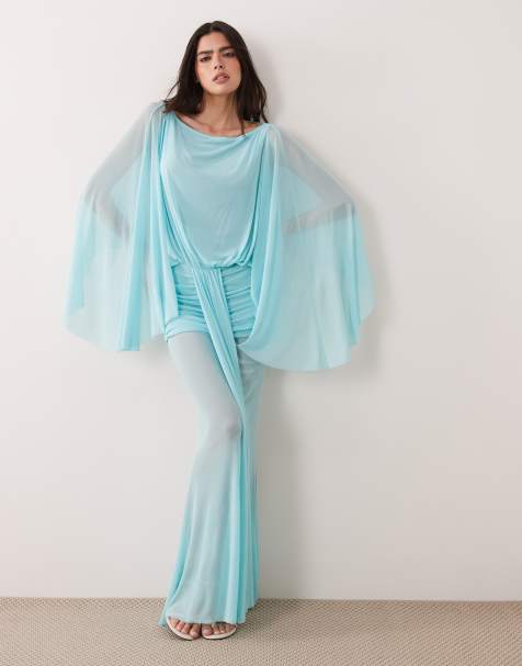 I.AM.GIA - Elaria - Maxi jurk met extreme capemouwen, lage rug en gedrapeerd detail in turquoise - view 1