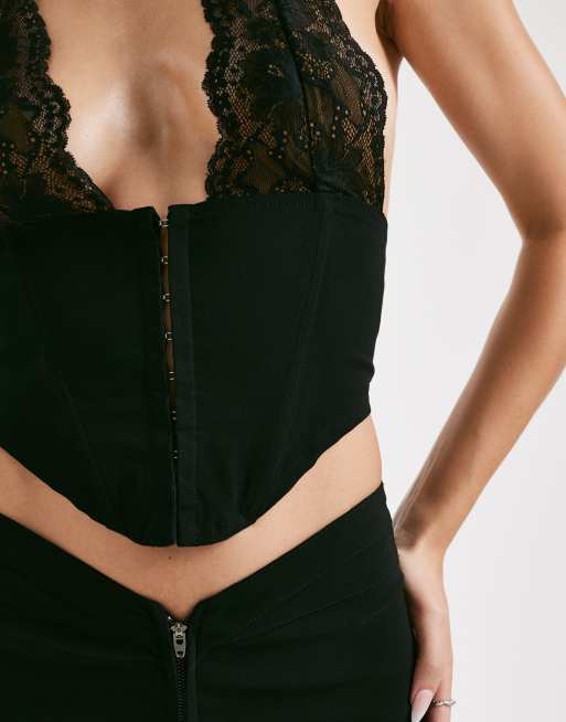I.AM.GIA Ellena halterneck contrast lace structured corset top co-ord in black, 3 of 4