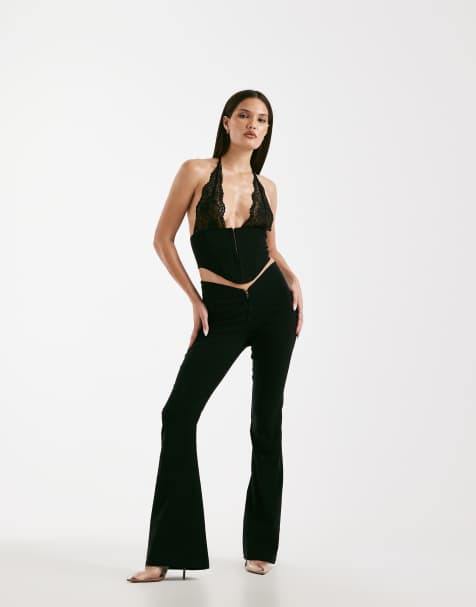 I.AM.GIA Ellena halterneck lace corset top and flared trousers co-ord in black - view 1