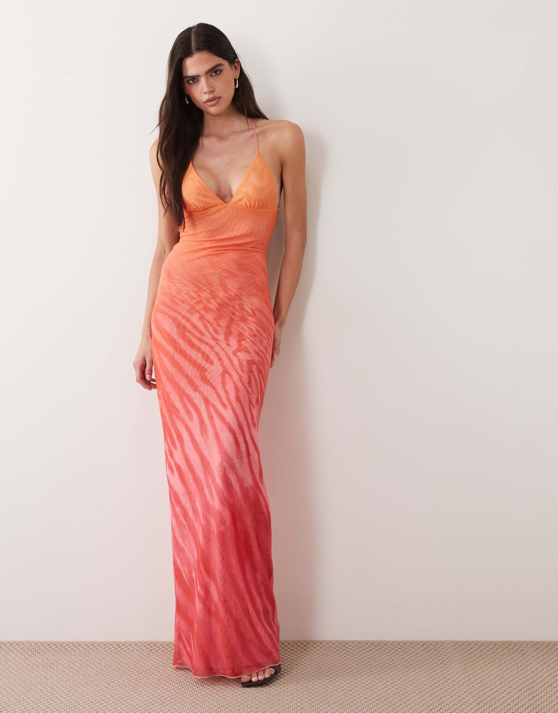 i.am.gia ellery cami open back butterfly detail maxi dress in pink and orange ombre animal print