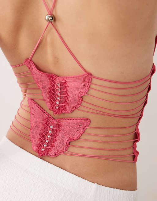 I.AM.GIA Ellery cowl neck open back butterfly detail top in pink polka dot, 4 of 4