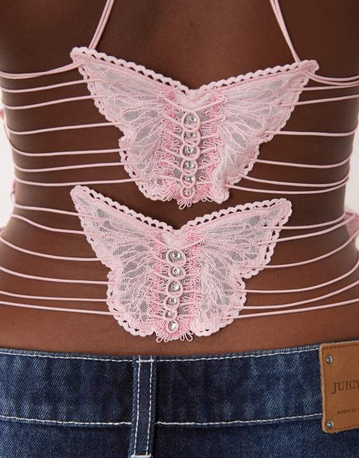 I.AM.GIA Ellery strappy butterfly pattern open back cami top in baby pink, 2 of 4