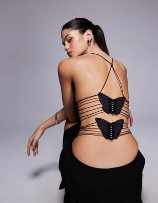 I.am.gia Ellery Strappy Butterfly Pattern Open Back Cami Top In Black