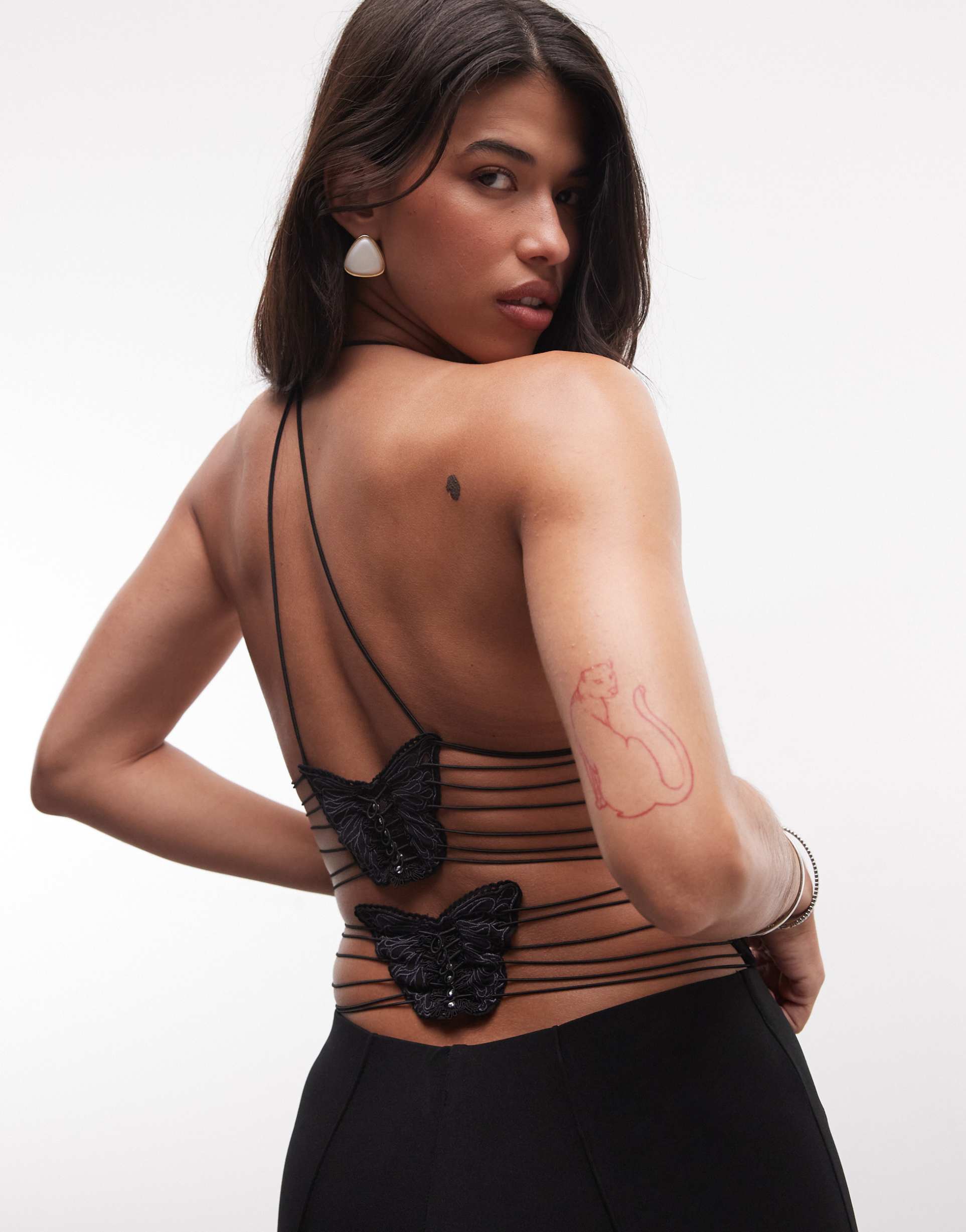 i.am.gia ellery strappy butterfly pattern open back cami top in black