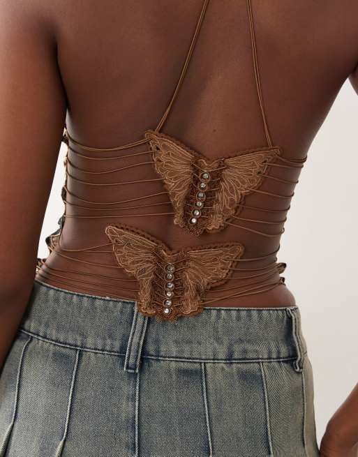 I.AM.GIA Ellery strappy butterfly pattern open back cami top in vintage animal print, 3 of 4