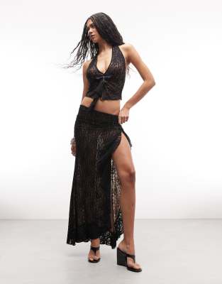 I. AM. GIA - Emilia - Maxirock in Schwarz mit gerafftem Bindedetail an der Taille, Rüschen und Schlitz am Oberschenkel, ...