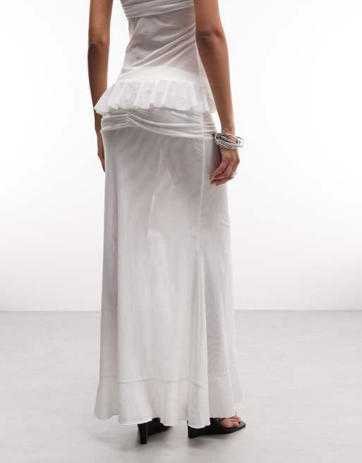 I.AM.GIA Emilia mesh ruched tie waist ruffle thigh split maxi skirt co-ord in white, 4 of 5
