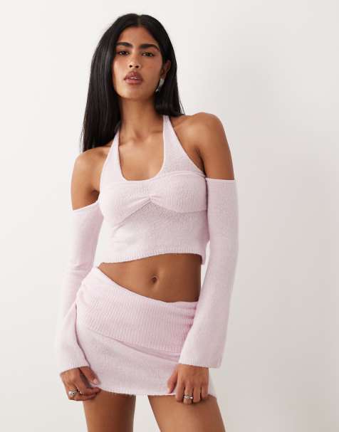 I.AM.GIA Esti halterneck super soft knit flare sleeve top and skort co-ord in baby pink - view 1