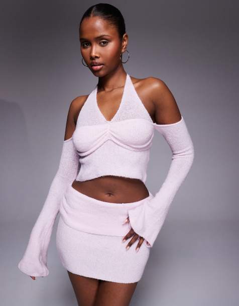 I.AM.GIA Esti halterneck super soft knit flare sleeve top co-ord in baby pink - view 1