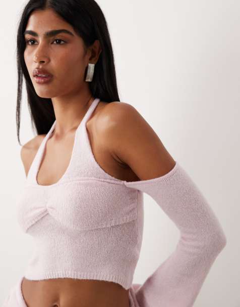 I.AM.GIA Esti halterneck super soft knit flare sleeve top in baby pink (part of a set) - view 1