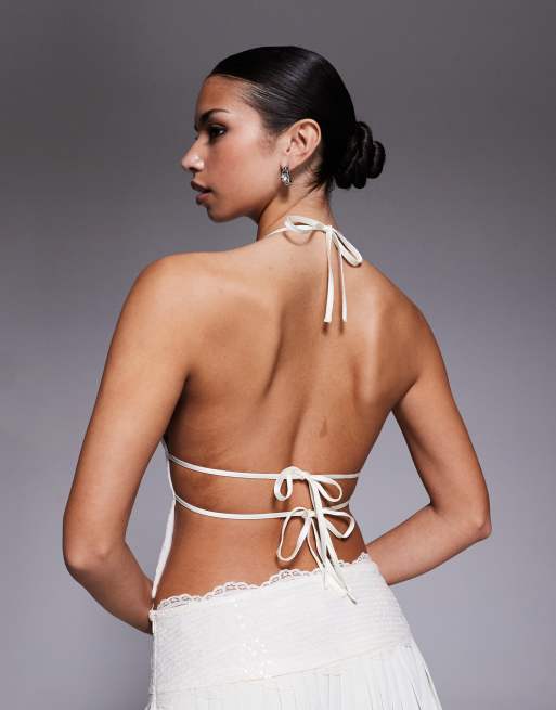 I.AM.GIA Gem 2.0 sequin lace detail halterneck open back top co-ord in ivory, 4 of 4