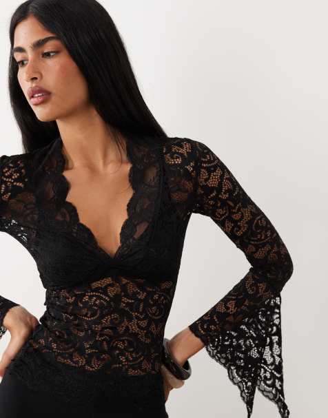 I.AM.GIA – Gemma – Czarny, półprzezroczysty top koronkowy z głębokim dekoltem i długimi, rozkloszowanymi rękawami - view 1