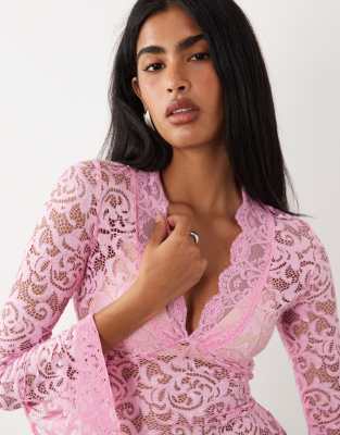 I.am.gia Gemma Semi Sheer Plunge Neck Long Fluted Sleeve Lace Top In Pink