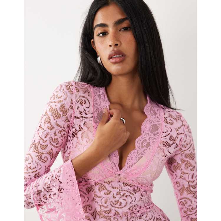 I.AM.GIA Gemma semi sheer plunge neck long fluted sleeve lace top