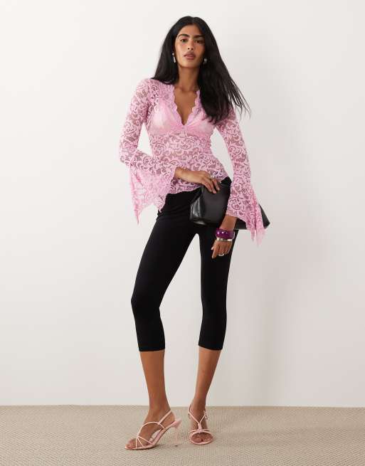I.AM.GIA Gemma semi sheer plunge neck long fluted sleeve lace top