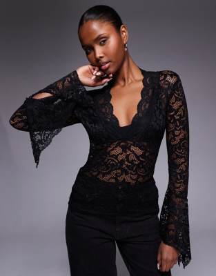 I.am.gia Gemma Semi Sheer Plunge Neck Long Fluted Sleeve Lace Top In Black