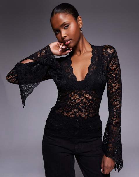 I.AM.GIA Gemma semi sheer plunge neck long fluted sleeve lace top in black - view 1
