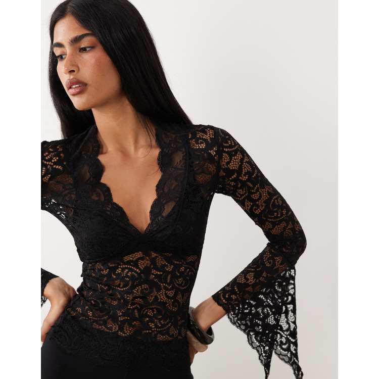 I.AM.GIA Gemma semi sheer plunge neck long fluted sleeve lace top