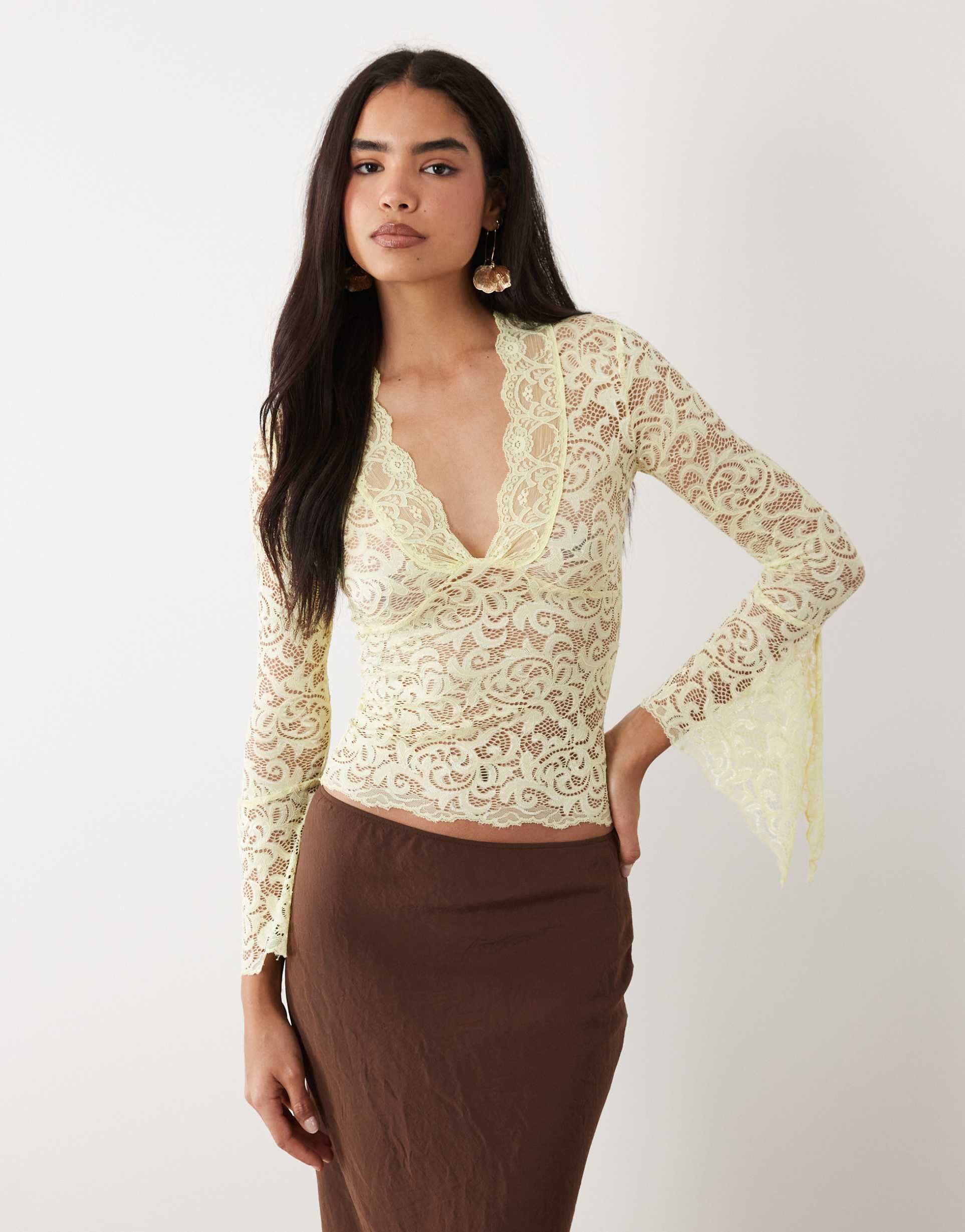 i.am.gia gemma semi-sheer plunge neck long fluted sleeve lace top in lemon