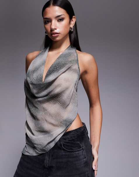 I.AM.GIA Grayson chiffon deep cowl neck drape detail open back top in grey snake - view 1