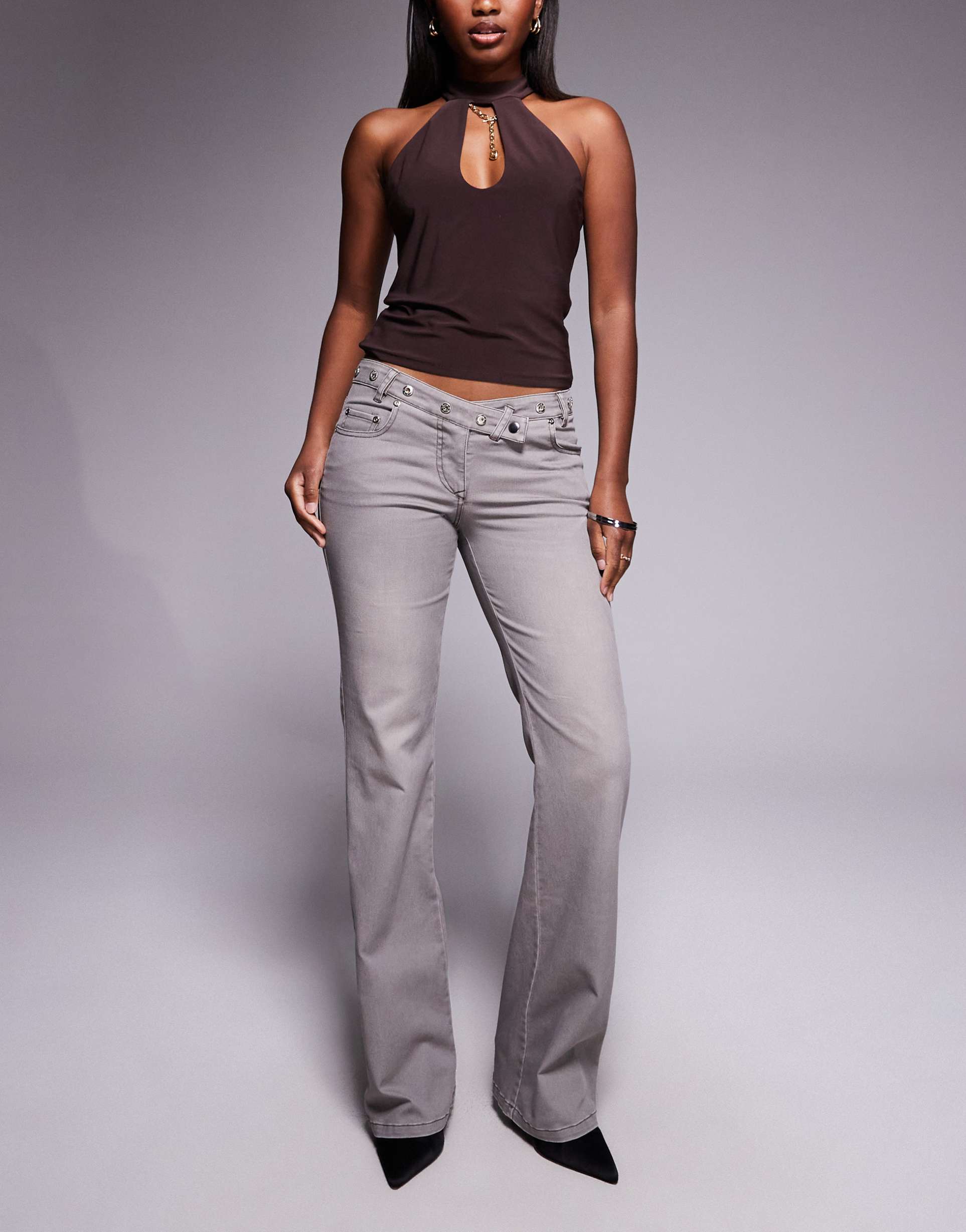 i.am.gia greer low rise cross front stud detail waistband wide leg jeans in gray