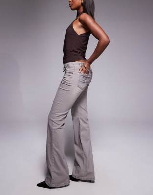 I.am.gia Greer Low Rise Cross Front Stud Detail Waistband Wide Leg Jeans In Gray